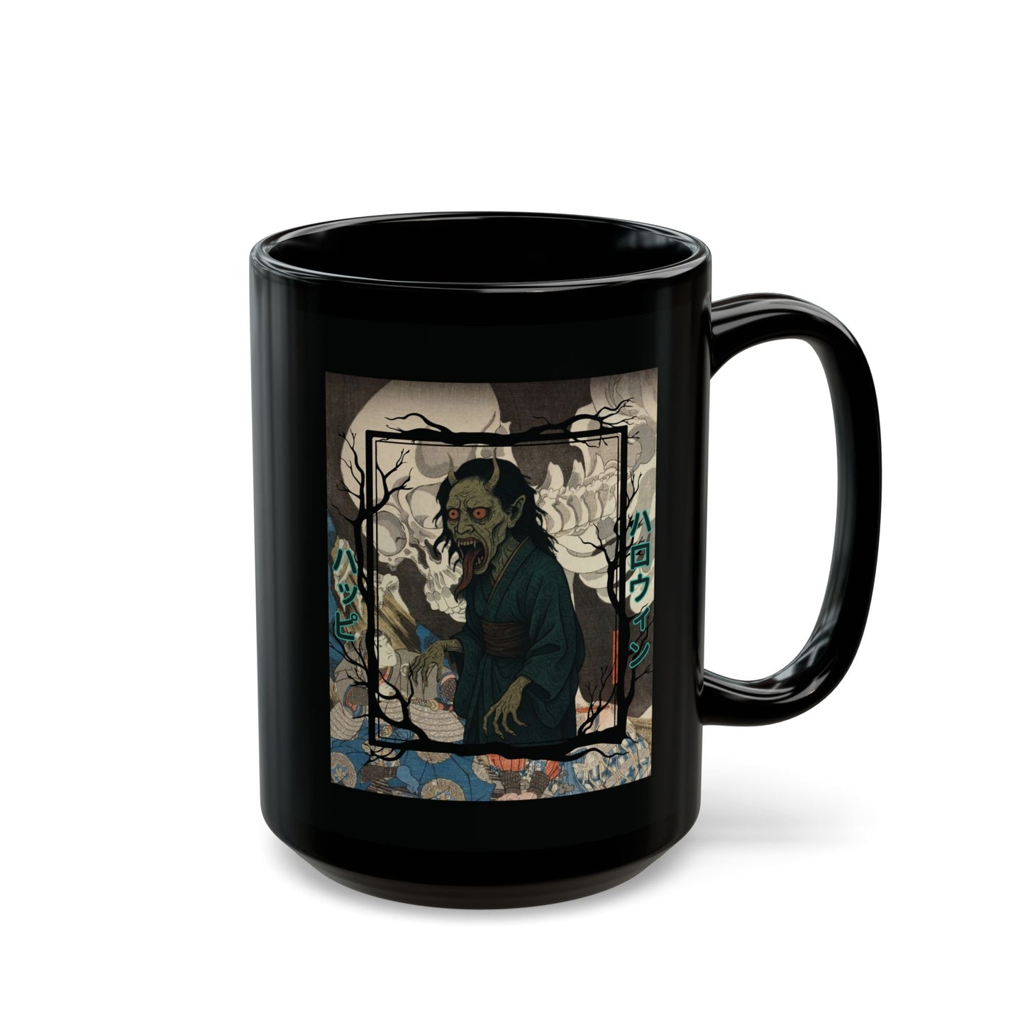 Yōkai Happy Halloween Black Mug by CreepyCrafts.boo