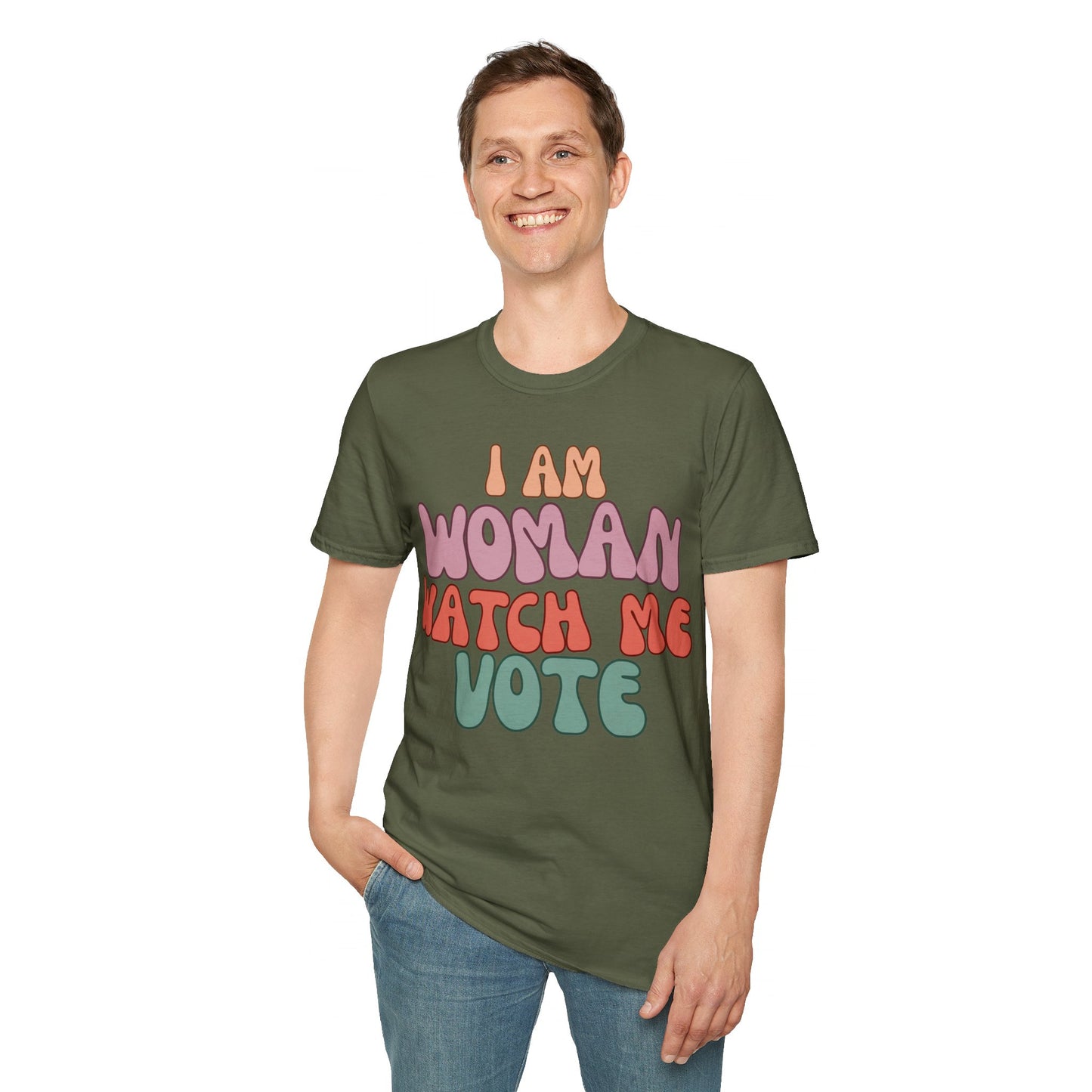 2-sided I Am Woman Watch Me Vote DKcolors Unisex T-Shirt by cypherpunkgear