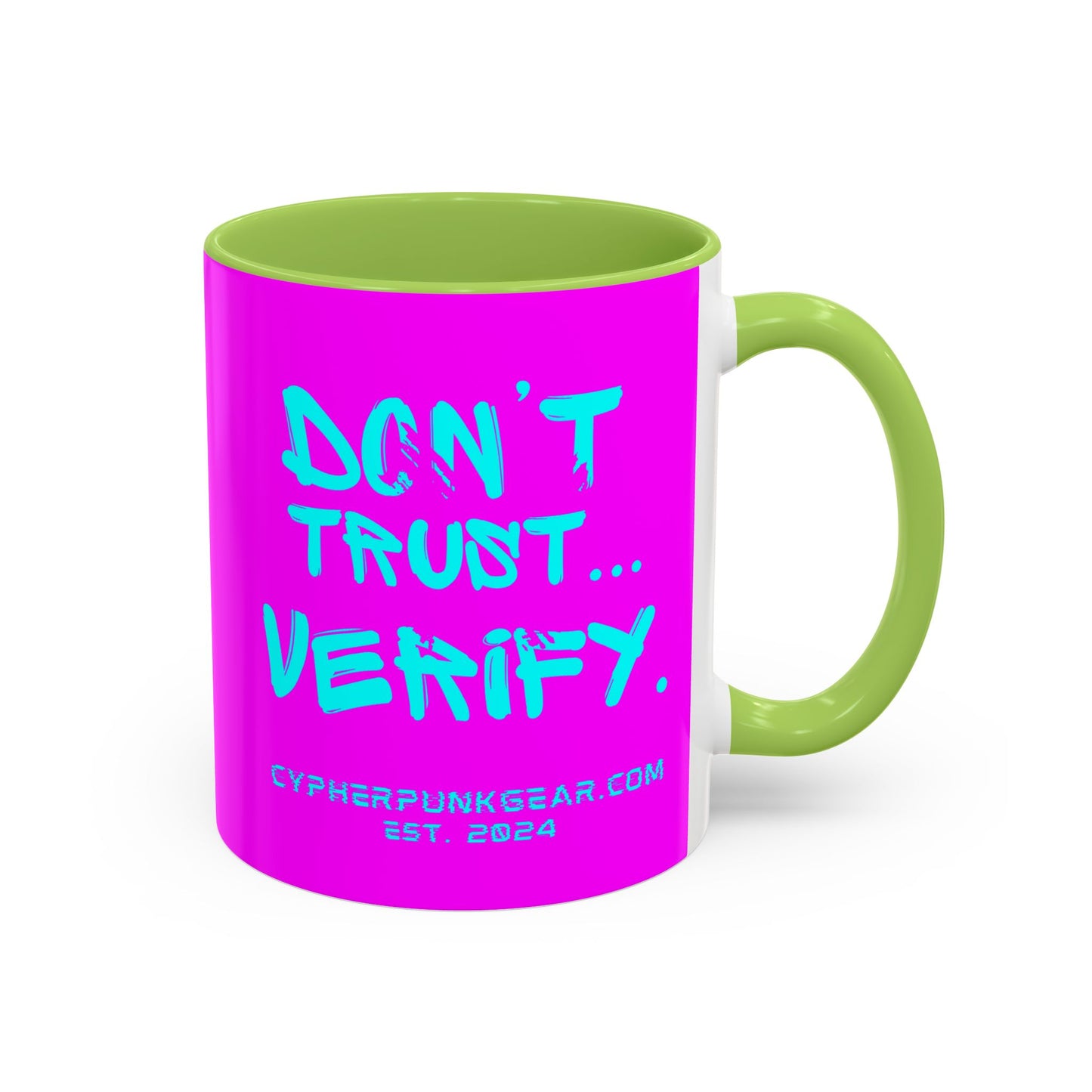Don't Trust...Verify. Electric Magenta Accent Mug by cypherpunkgear.com