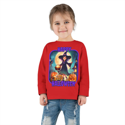 Happy Halloween Little Witch Purple font Toddler Long Sleeve Tee by CreepyCrafts.boo
