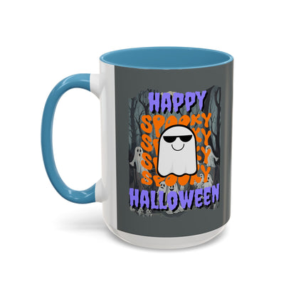 Spooky Happy Halloween Ghost Purple font Grey Accent Mug by CreepyCrafts.boo