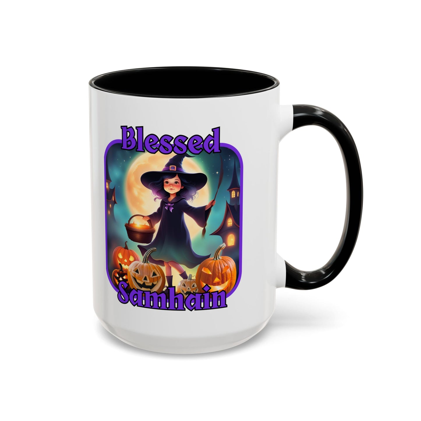 Blessed Samhain Little Witch Purple font White Accent Mug by CreepyCrafts.boo