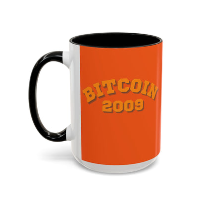 Bitcoin 2009 Orange Accent Mug by cypherpunkgear.com