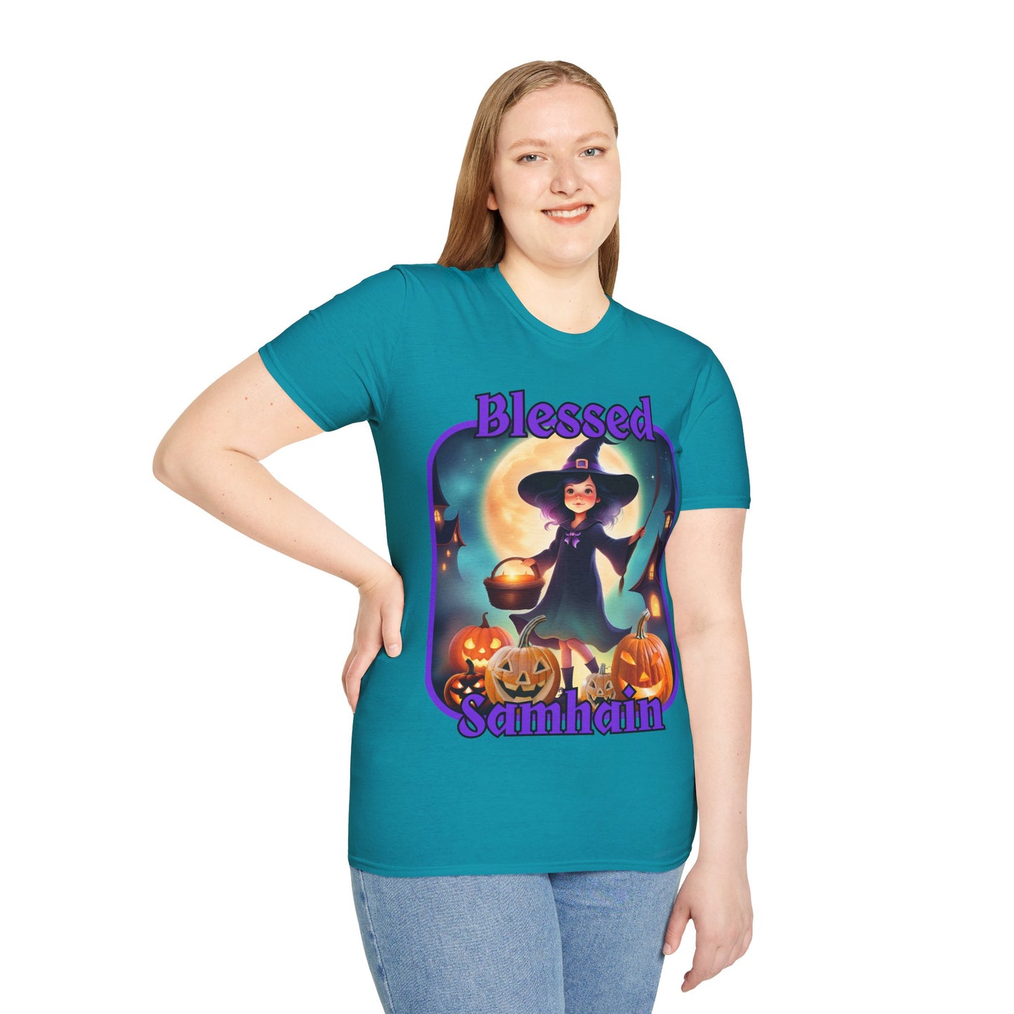 Blessed Samhain Little Witch Purple font Dark colors Unisex T-Shirt by CreepyCrafts.boo