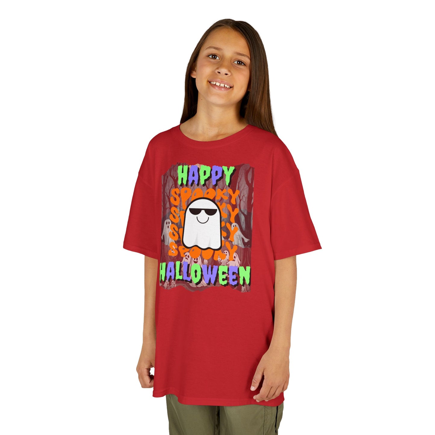 Spooky Happy Halloween Ghost Mixed font Kids Heavy Cotton™ Tee by CreepyCrafts.boo