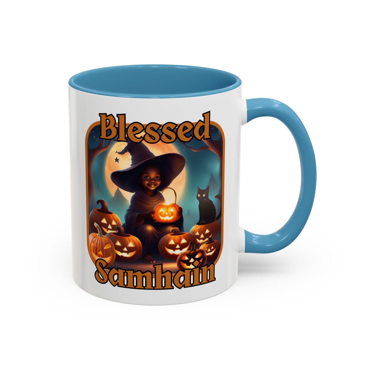 Blessed Samhain Cute Witch Orange font White Accent Mug by CreepyCrafts.boo