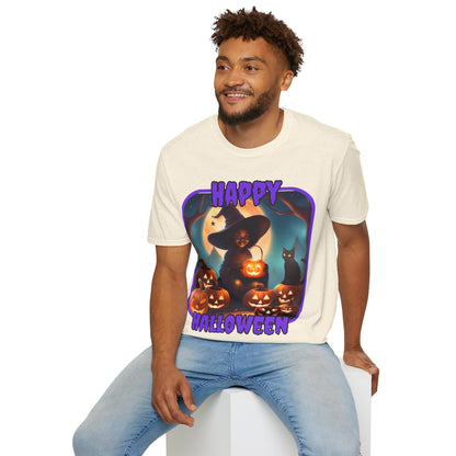Happy Halloween Cute Witch Purple font Light colors Unisex T-Shirt by CreepyCrafts.boo