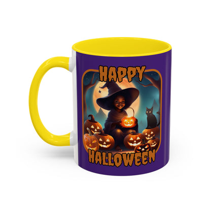 Happy Halloween Cute Witch Orange font Purple Accent Mug by CreepyCrafts.boo