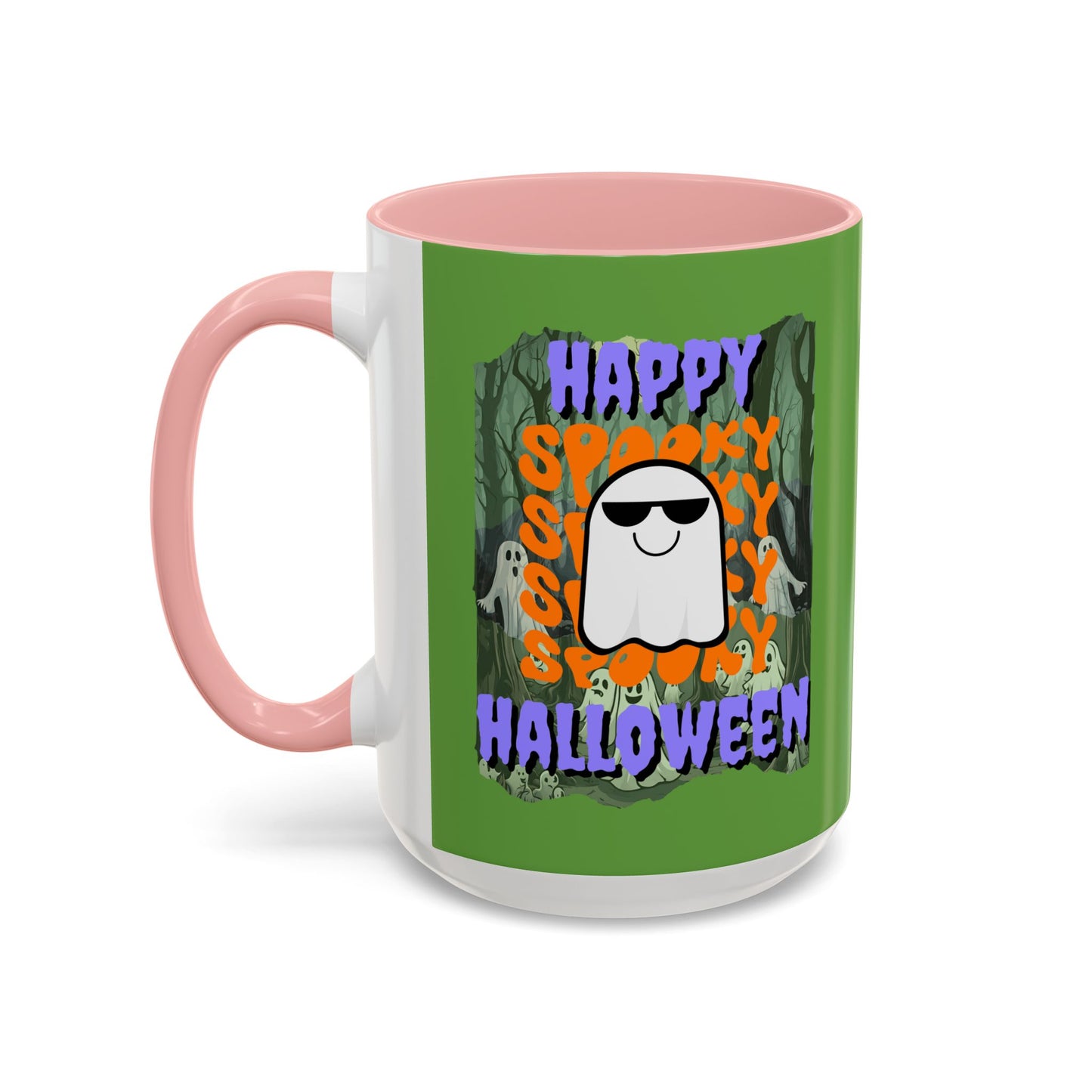 Spooky Happy Halloween Ghost Purple font Green Accent Mug by CreepyCrafts.boo