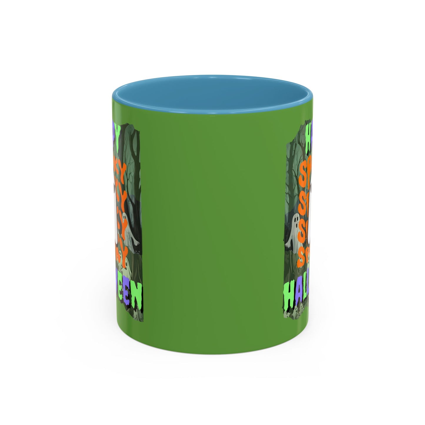 Spooky Happy Halloween Ghost Mixed font Green Accent Mug by CreepyCrafts.boo