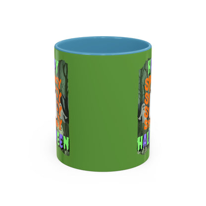 Spooky Happy Halloween Ghost Mixed font Green Accent Mug by CreepyCrafts.boo