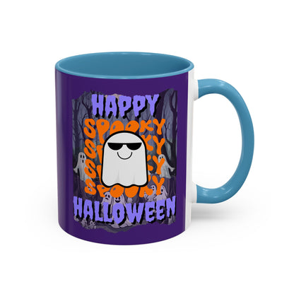 Spooky Happy Halloween Ghost Purple font Purple Accent Mug by CreepyCrafts.boo