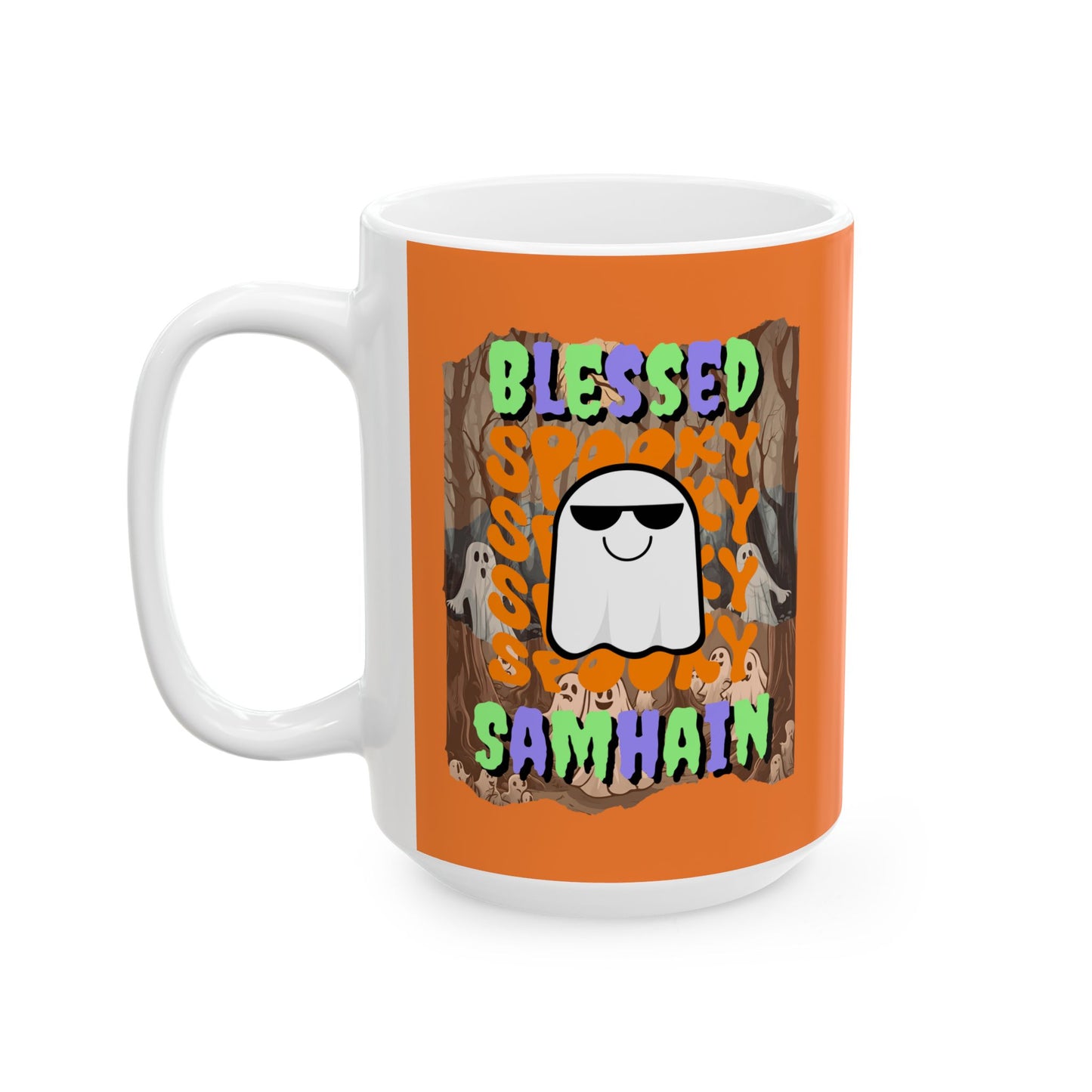 Spooky Blessed Samhain Ghost Mixed font Orange Mug by CreepyCrafts.boo