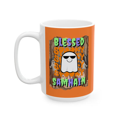 Spooky Blessed Samhain Ghost Mixed font Orange Mug by CreepyCrafts.boo