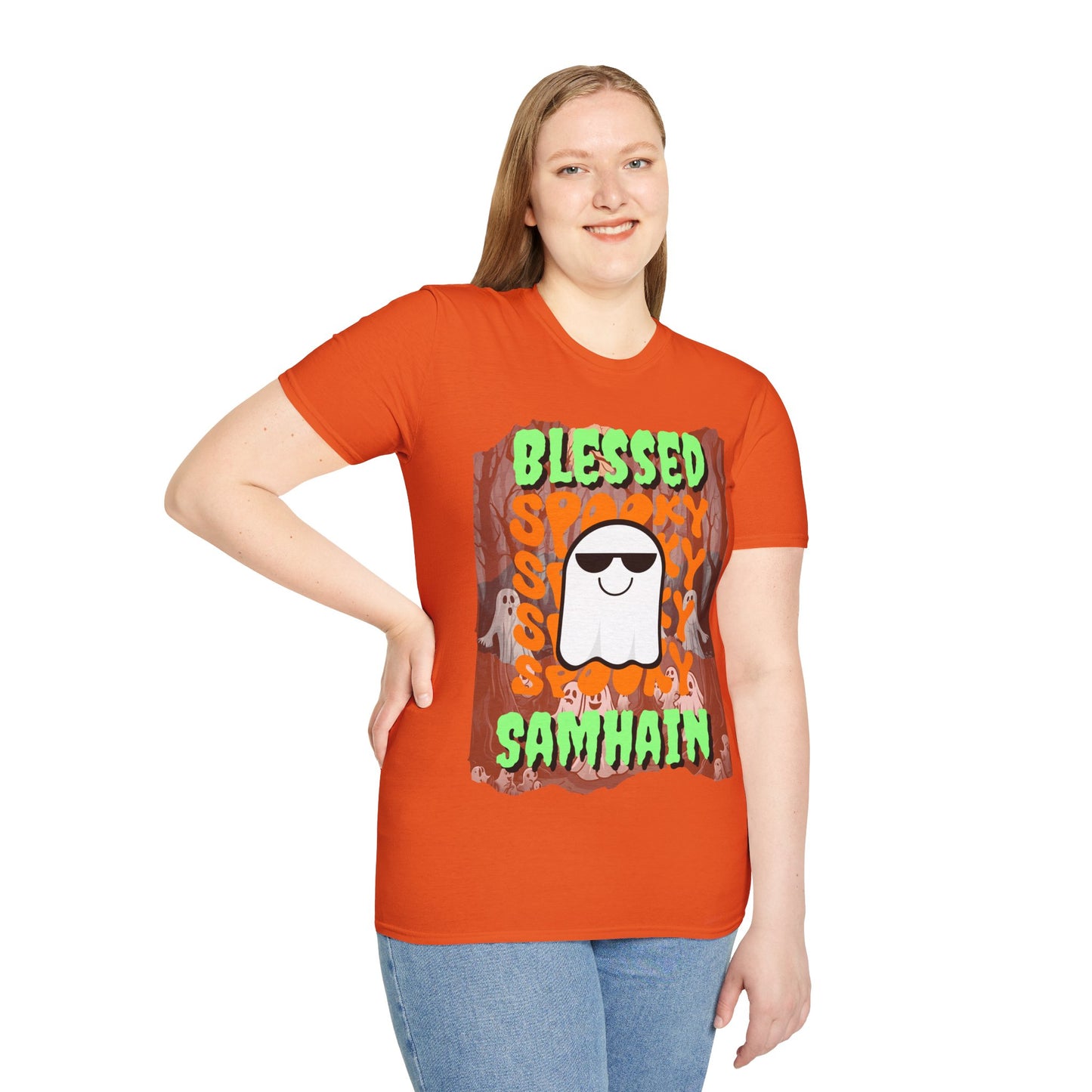 Spooky Blessed Samhain Ghost Green font Unisex T-Shirt by CreepyCrafts.boo