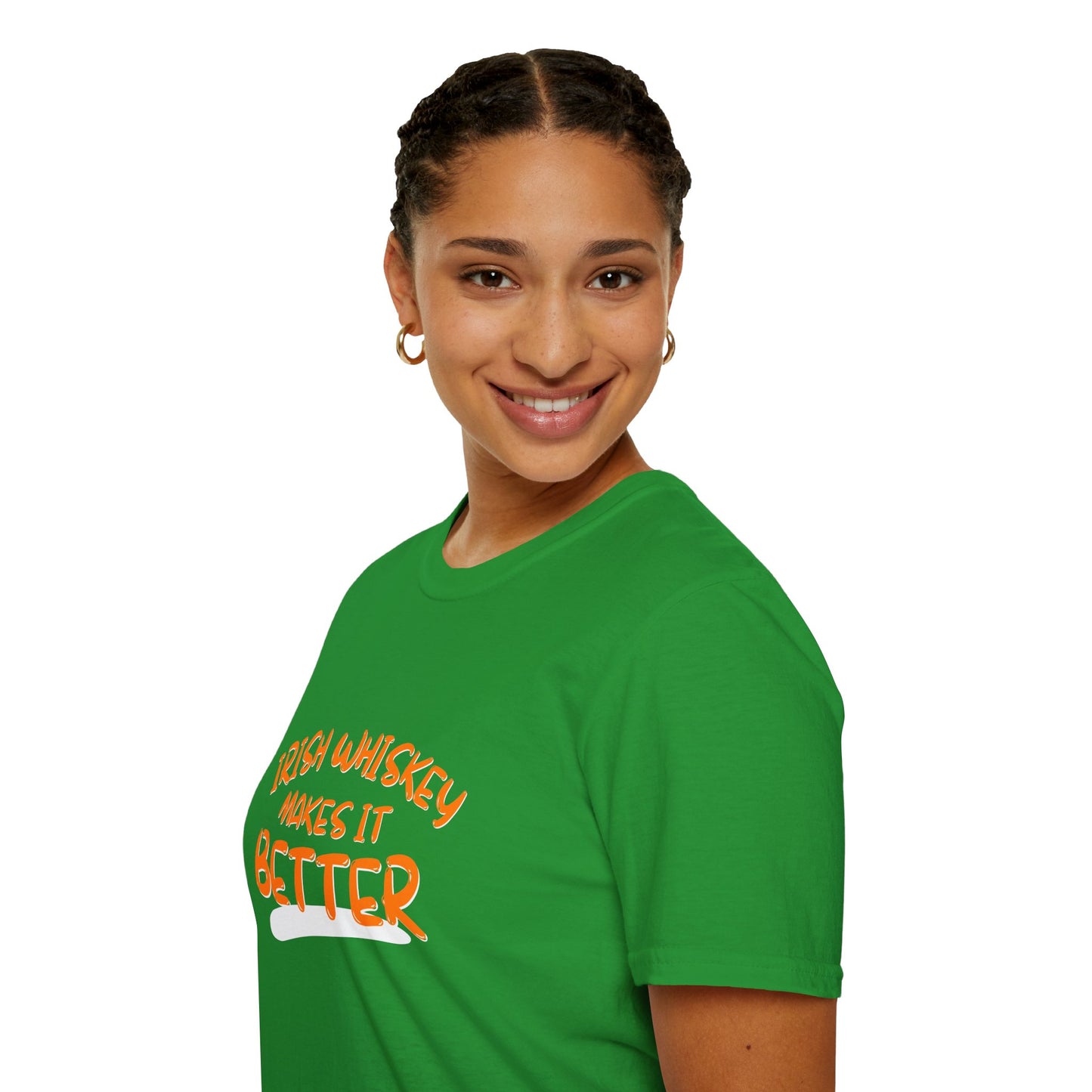 Irish Whiskey makes it better Orange font Light colors Unisex T-Shirt by cypherpunkgear.com
