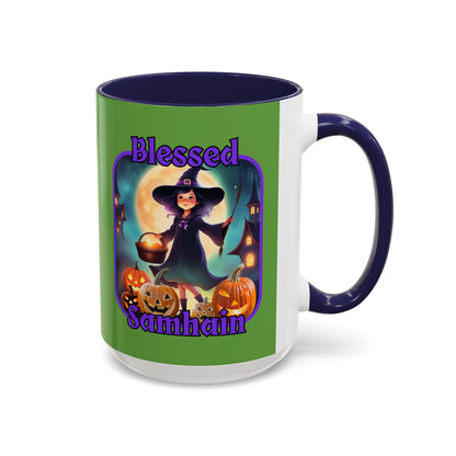 Blessed Samhain Little Witch Purple font Green Accent Mug by CreepyCrafts.boo