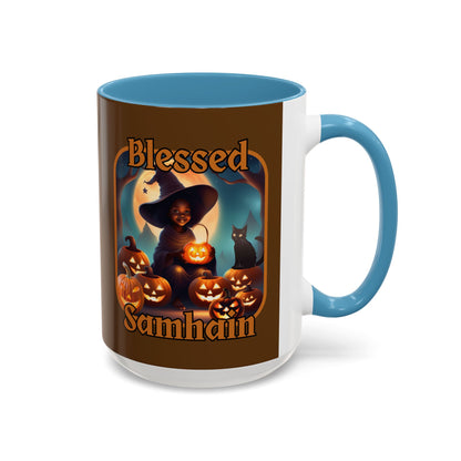 Blessed Samhain Cute Witch Orange font Brown Accent Mug by CreepyCrafts.boo
