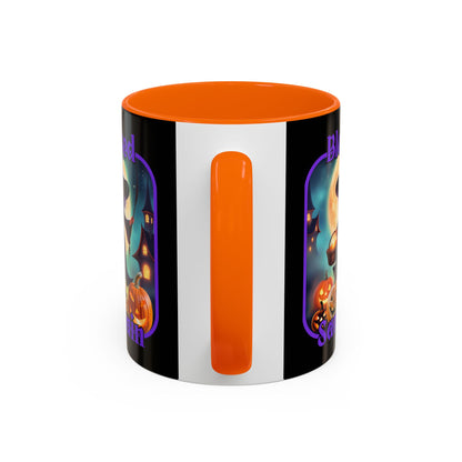 Blessed Samhain Little Witch Purple font Black Accent Mug by CreepyCrafts.boo