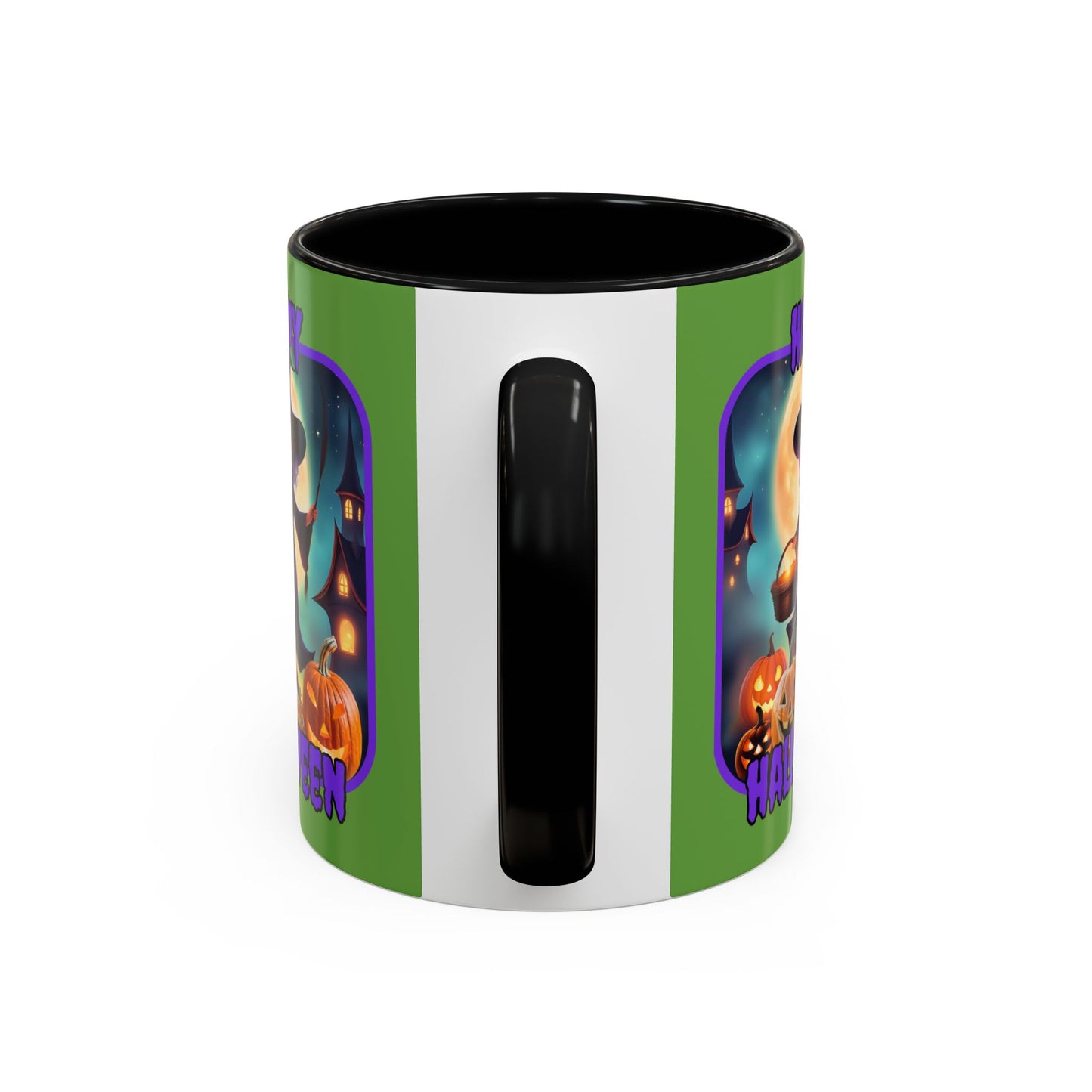 Happy Halloween Little Witch Purple font Green Accent Mug by CreepyCrafts.boo