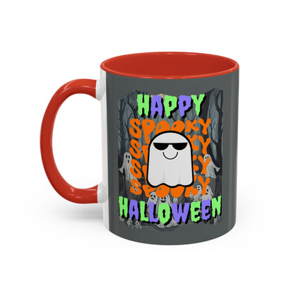 Spooky Happy Halloween Ghost Mixed font Grey Accent Mug by CreepyCrafts.boo