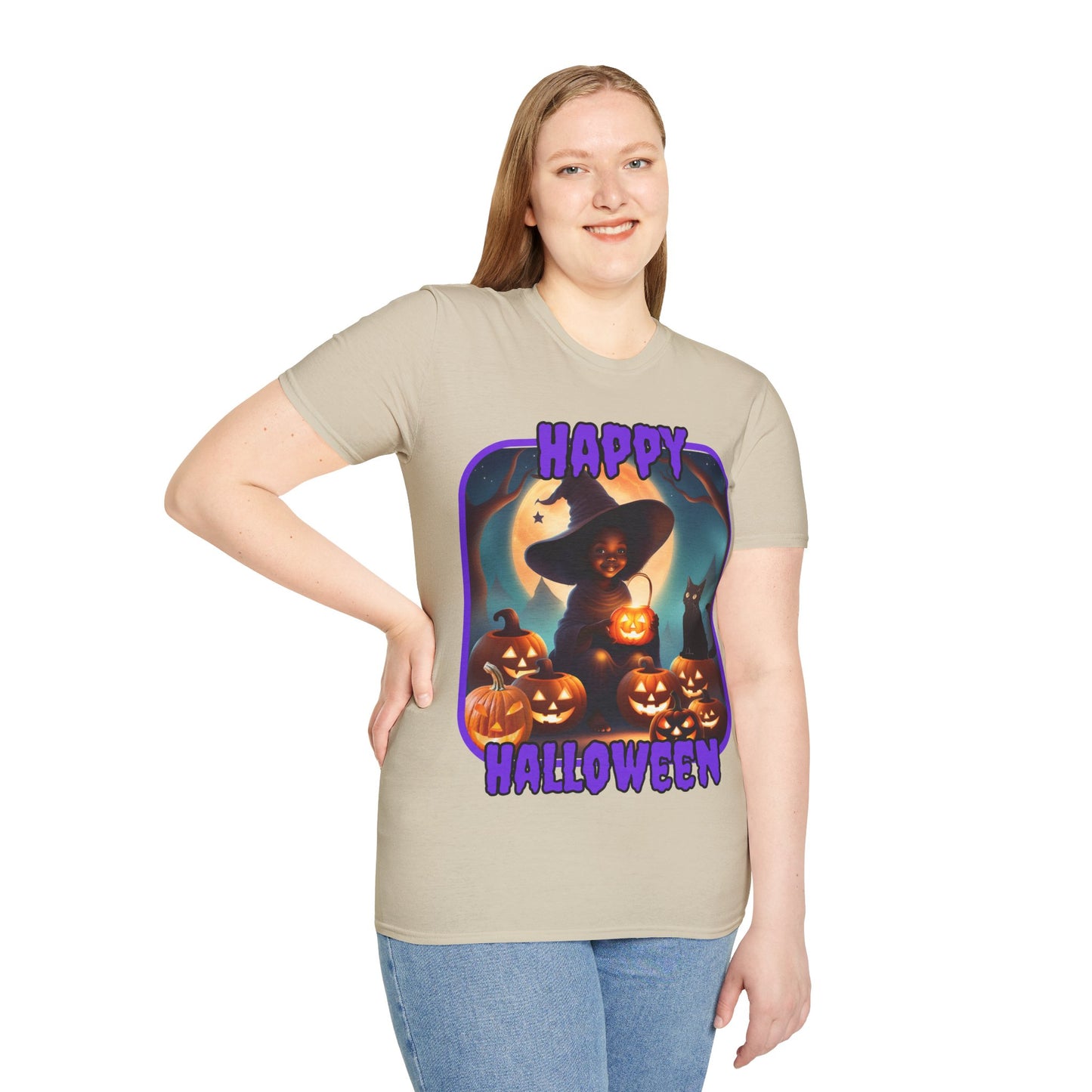 Happy Halloween Cute Witch Purple font Light colors Unisex T-Shirt by CreepyCrafts.boo