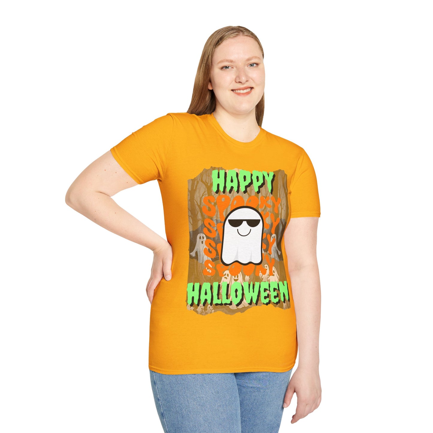 Spooky Happy Halloween Ghost Light colors Green font Unisex T-Shirt by CreepyCrafts.boo