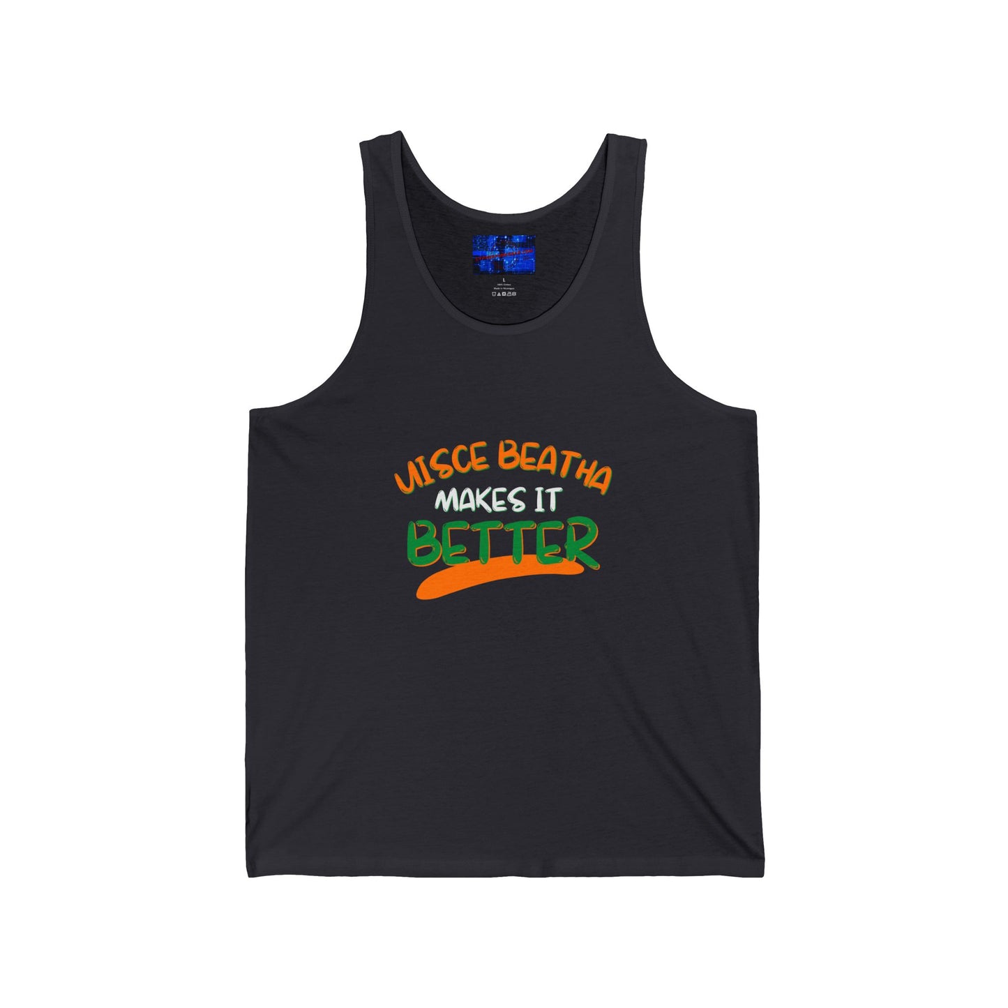 Uisce Beatha makes it better Orange, White, and Green font Unisex Jersey Tank Top by cypherpunkgear.com