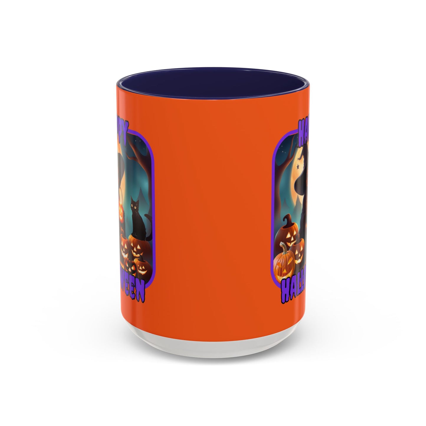Happy Halloween Cute Witch Purple font Orange Accent Mug by CreepyCrafts.boo
