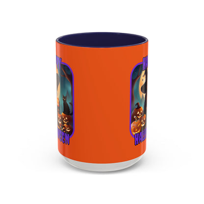 Happy Halloween Cute Witch Purple font Orange Accent Mug by CreepyCrafts.boo