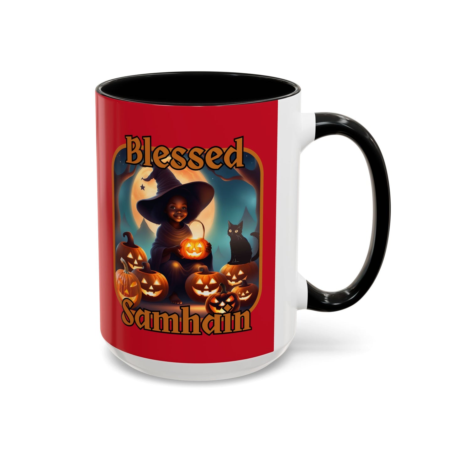 Blessed Samhain Cute Witch Orange font Red Accent Mug by CreepyCrafts.boo