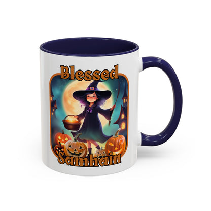 Blessed Samhain Little Witch Orange font White Accent Mug by CreepyCrafts.boo