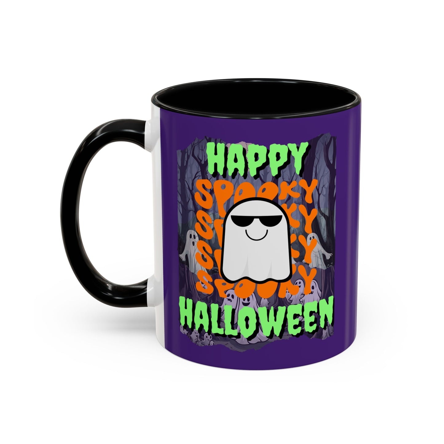 Spooky Happy Halloween Ghost Green font Purple Accent Mug by CreepyCrafts.boo