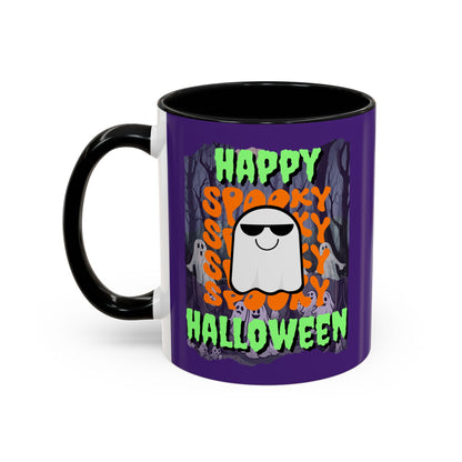 Spooky Happy Halloween Ghost Green font Purple Accent Mug by CreepyCrafts.boo