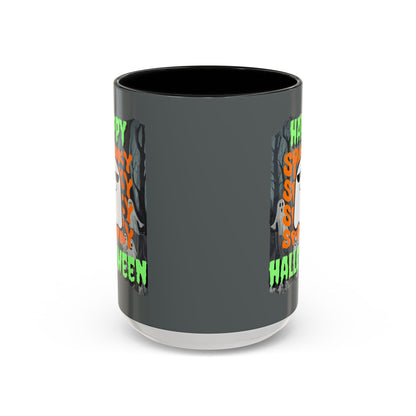Spooky Happy Halloween Ghost Green font Grey Accent Mug by CreepyCrafts.boo