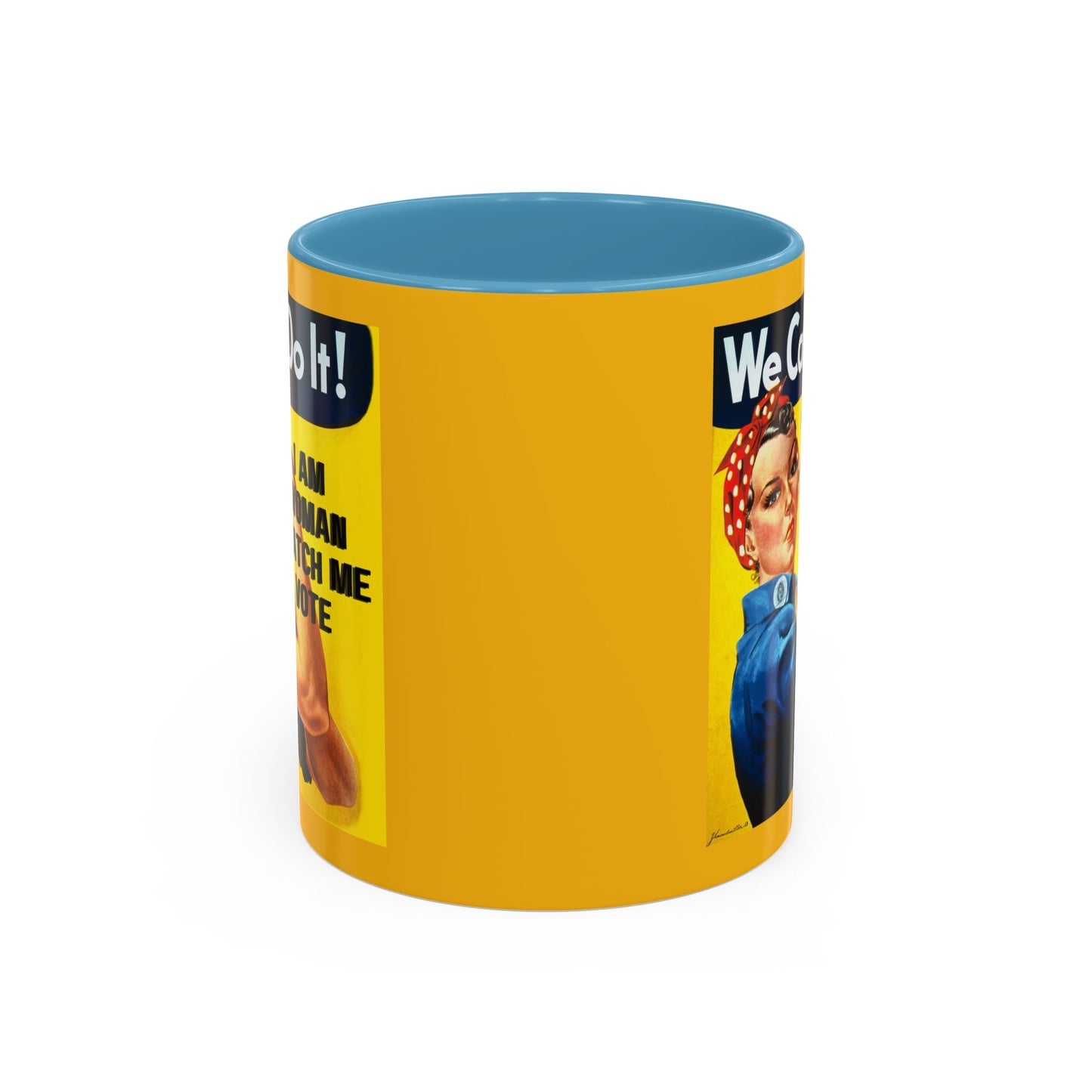I Am Woman Watch Me Vote Rosie Yellow Accent Mug by cypherpunkgear.com