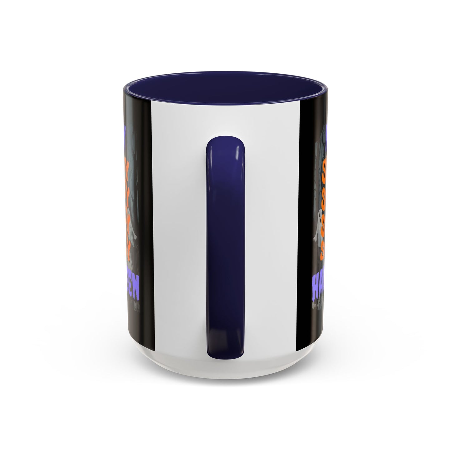 Spooky Happy Halloween Ghost Purple font Black Accent Mug by CreepyCrafts.boo