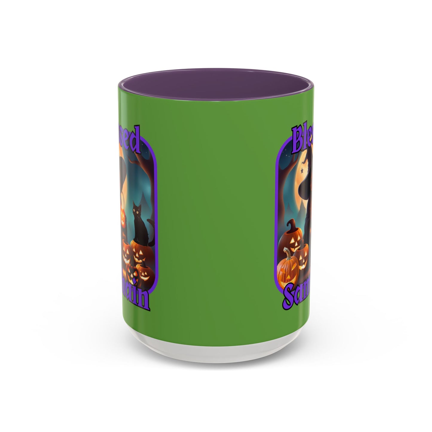 Blessed Samhain Cute Witch Purple font Green Accent Mug by CreepyCrafts.boo