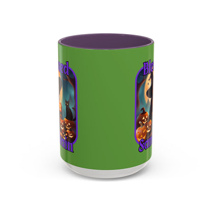 Blessed Samhain Cute Witch Purple font Green Accent Mug by CreepyCrafts.boo
