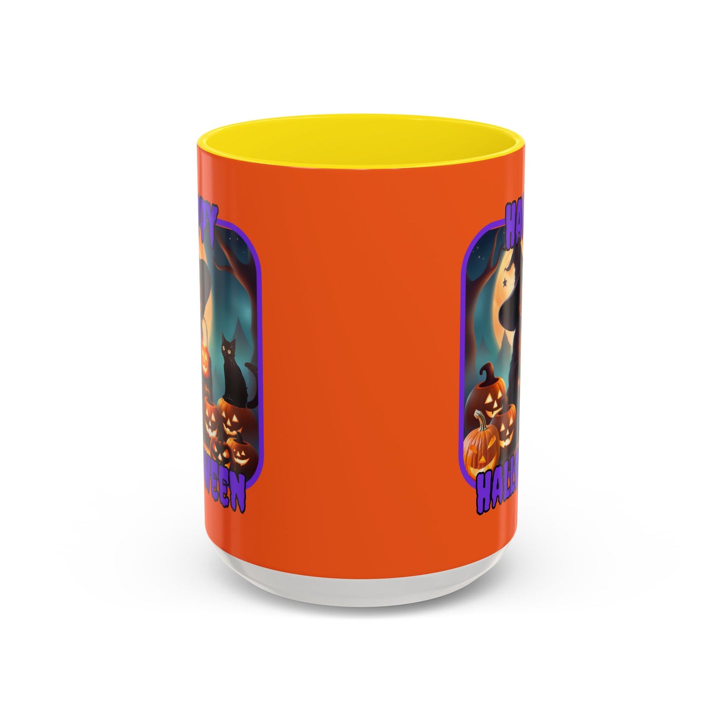 Happy Halloween Cute Witch Purple font Orange Accent Mug by CreepyCrafts.boo