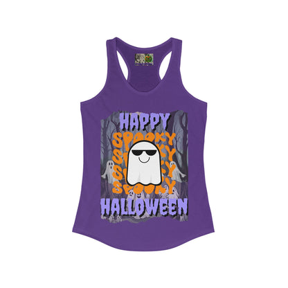 Spooky Happy Halloween Ghost Purple font Women's Racerback Tank Top by CreepyCrafts.boo