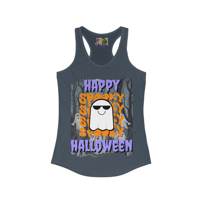 Spooky Happy Halloween Ghost Purple font Women's Racerback Tank Top by CreepyCrafts.boo