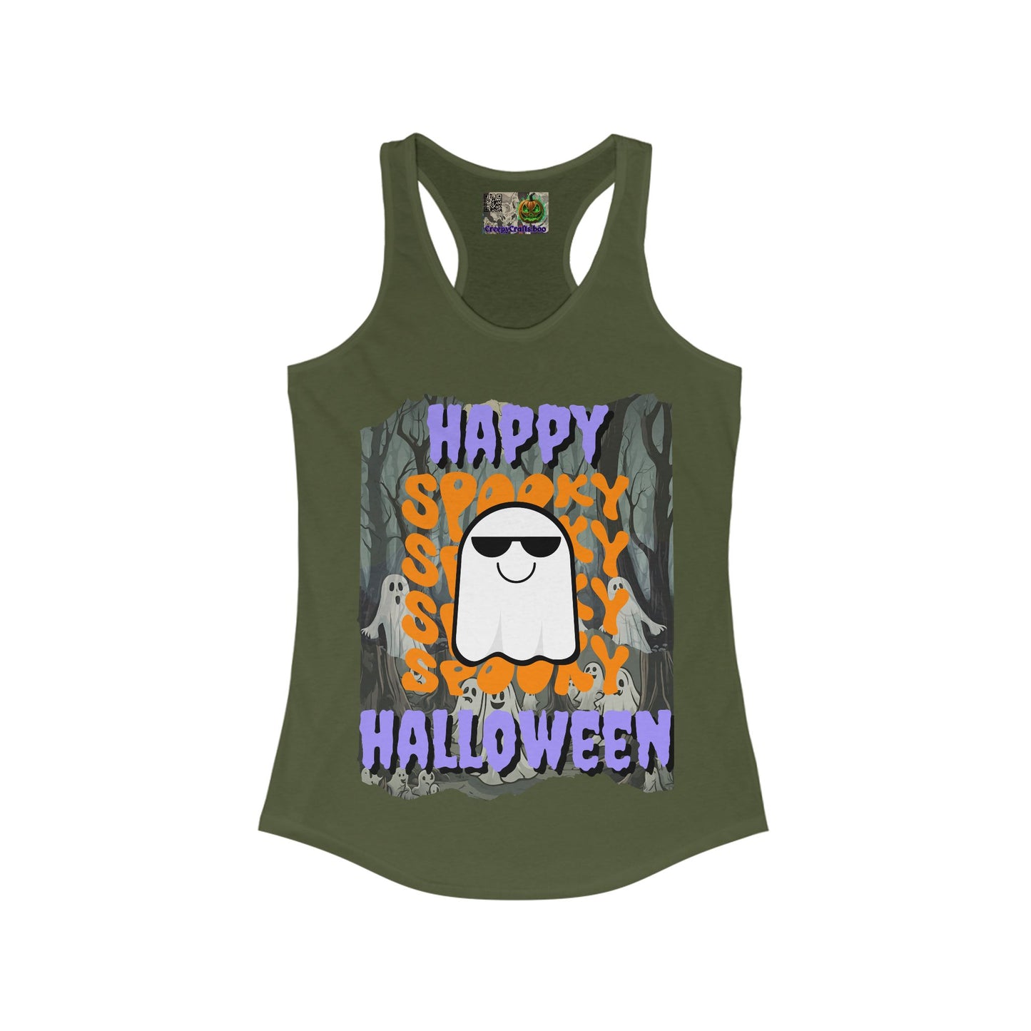 Spooky Happy Halloween Ghost Purple font Women's Racerback Tank Top by CreepyCrafts.boo