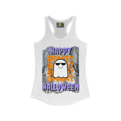 Spooky Happy Halloween Ghost Purple font Women's Racerback Tank Top by CreepyCrafts.boo