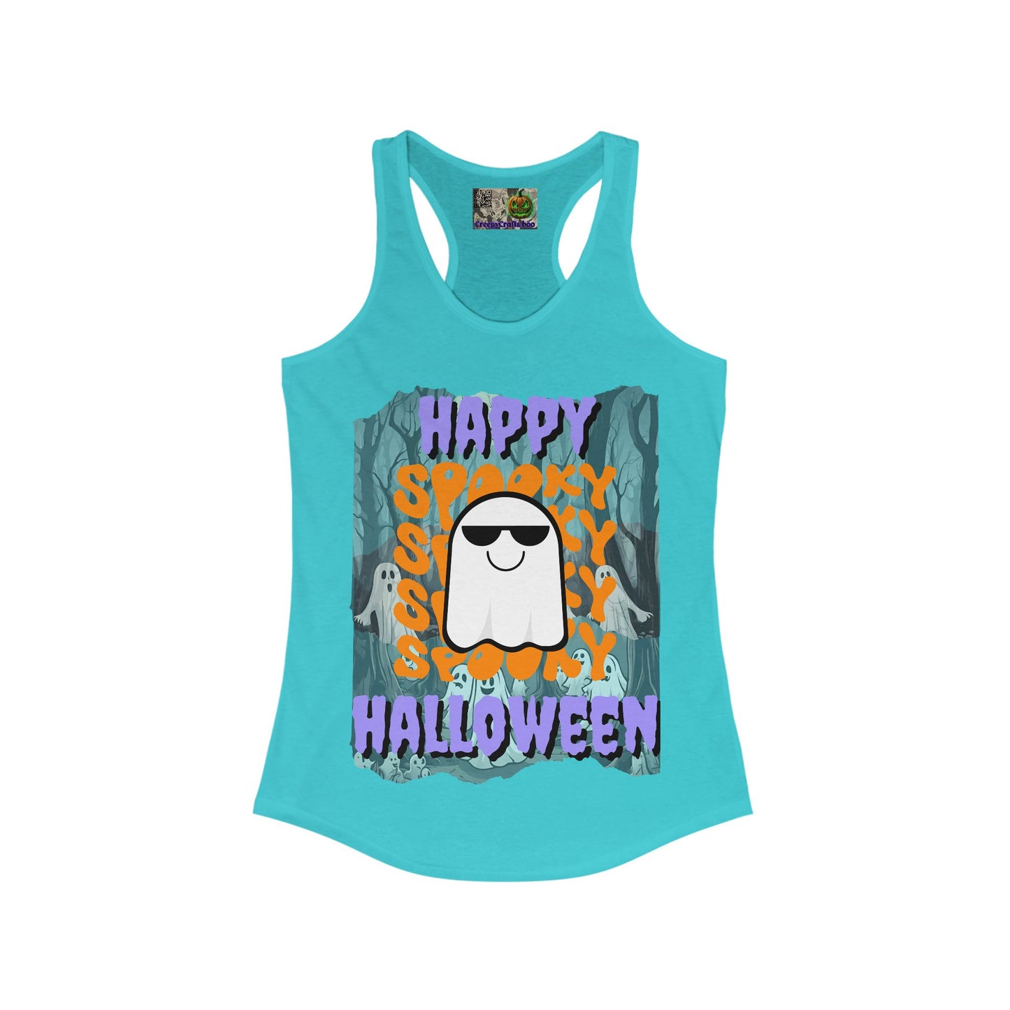 Spooky Happy Halloween Ghost Purple font Women's Racerback Tank Top by CreepyCrafts.boo