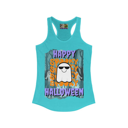 Spooky Happy Halloween Ghost Purple font Women's Racerback Tank Top by CreepyCrafts.boo