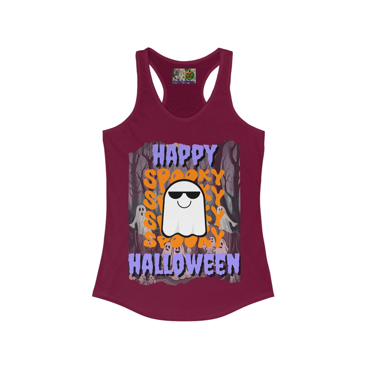 Spooky Happy Halloween Ghost Purple font Women's Racerback Tank Top by CreepyCrafts.boo