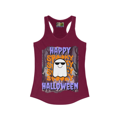 Spooky Happy Halloween Ghost Purple font Women's Racerback Tank Top by CreepyCrafts.boo