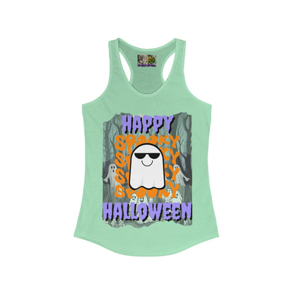 Spooky Happy Halloween Ghost Purple font Women's Racerback Tank Top by CreepyCrafts.boo