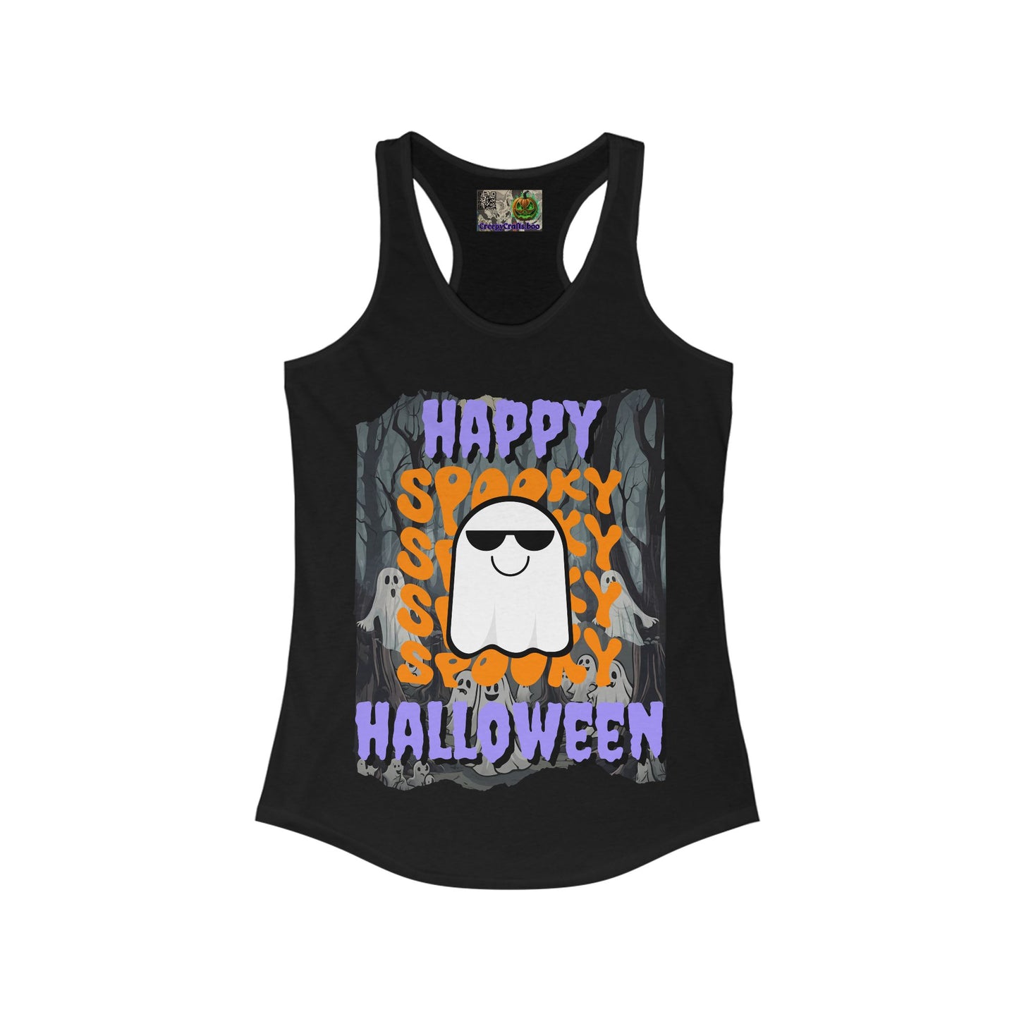 Spooky Happy Halloween Ghost Purple font Women's Racerback Tank Top by CreepyCrafts.boo